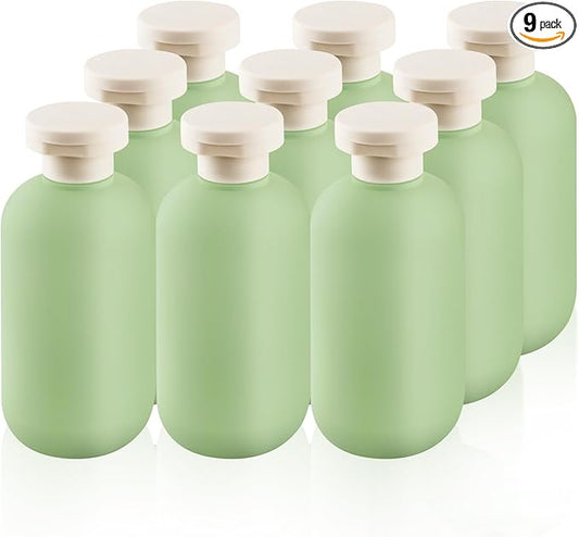 9 Pcs 6.8 oz Plastic Squeeze Bottles with Flip Cap,Empty Refillable Travel Shampoo Bottle Containers for Creams, Lotion,Body Wash, Conditioner,Silicone Funnel Included-Green
