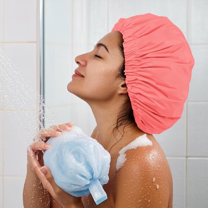 Reusable Shower Cap for Women, Large Waterproof Shower Essentials Bonnet Washable Elastic Band Bath Hair Wrap Hat for Long Hair, Braids(Orange Pink)