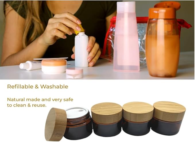 Empty Refillable Brown Glass Cosmetic Cream Jar 4 Pack 1.6 OZ/50g with Bamboo Lids,Skin Care Travel Containers Pot for Clay Masks,Butter,Body Scrub,Lip Balm, Ointments, Lotion