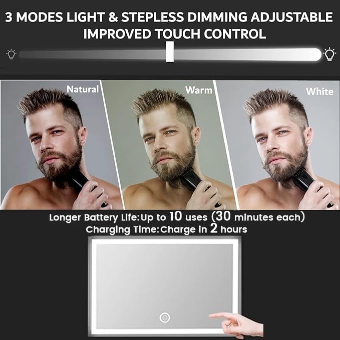 Vanexiss Rechargeable 3 Way Mirror for Hair Cutting, Real Glass Adjustable Trifold Mirror with 3 Color Temps LED Light & Telescoping Hooks for Makeup, Shaving & Styling