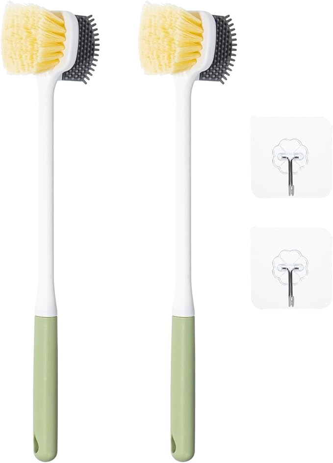 Foot Scrubber Toe Cleaning Brush, 2 Pack Shower Foot Scrubber with Long Handle, Double-Sided Silicone and Soft Bristle Brush for Skin Exfoliation, Seniors, Adults, Green