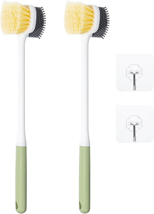 Foot Scrubber Toe Cleaning Brush, 2 Pack Shower Foot Scrubber with Long Handle, Double-Sided Silicone and Soft Bristle Brush for Skin Exfoliation, Seniors, Adults, Green