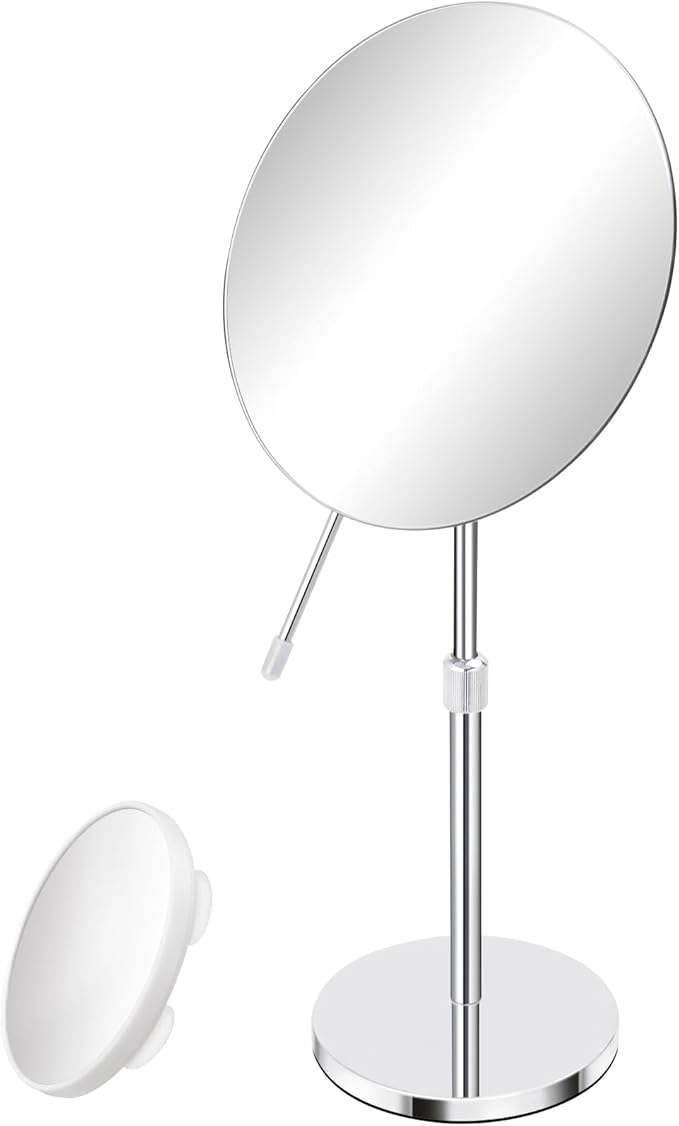 8" HD Vanity Mirror with Swivel & Adjustable Height (13-18"), Bonus 10X Magnifying Suction Cup Makeup Mirror for Precision Grooming & Shaving, Chrome Finish for Tabletop & Bedroom（No Light）
