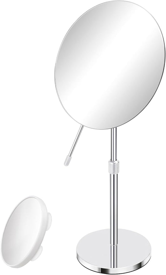 8" HD Vanity Mirror with Swivel & Adjustable Height (13-18"), Bonus 10X Magnifying Suction Cup Makeup Mirror for Precision Grooming & Shaving, Chrome Finish for Tabletop & Bedroom（No Light）