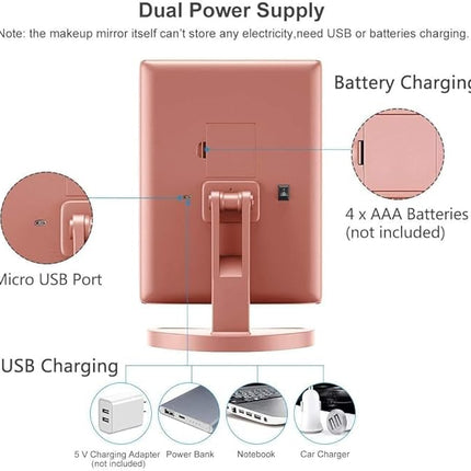 WEILY Makeup Mirror with 21 LED Lights,Two Power Supply Modes, Adjustable Touch Screen and 1x/2x/3x Magnification Tri-Fold Vanity Mirror,Chargeable Travel Cosmetic Mirror for Desktop(Rose Pink)