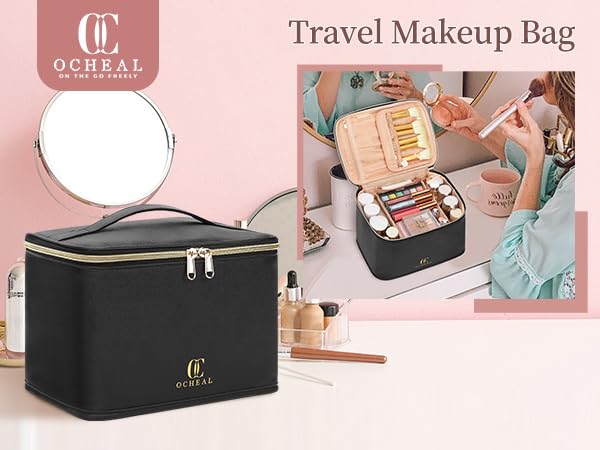 OCHEAL Travel Makeup Bag, Cosmetic Bags for Women Makeup Case Organizer Large Capacity Travel Toiletry Bag Storage Bags with Divider and Handle for Cosmetics Toiletries Brushes Tools-Large, Black