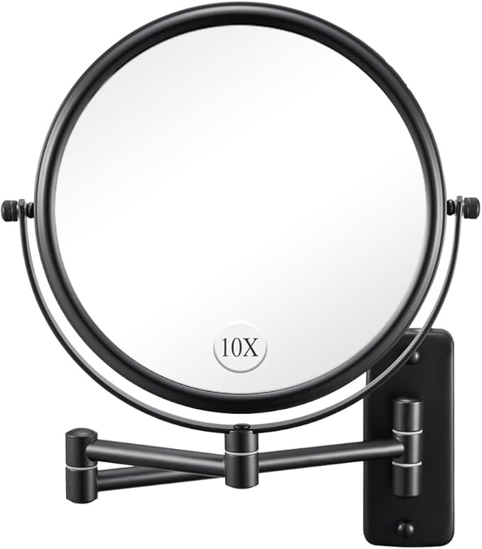 Wall Mounted Makeup Mirror - 1X/10X Magnifying Mirror for Wall, 8 Inch Double Sided 360° Swivel Extendable Bathroom Mirror for Shaving, Black