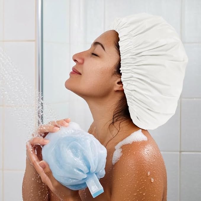 Reusable Shower Cap for Women, Large Waterproof Shower Essentials Bonnet Washable Elastic Band Bath Hair Wrap Hat for Long Hair, Braids(White)