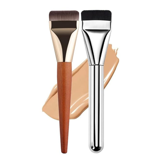 2 Count Flat Foundation Brush for Liquid makeup, Ultra Thin Face Makeup Flat Brush, Makeup Brush for Blending Mask Cream, Base Brush Tools（ Orange & Silver)