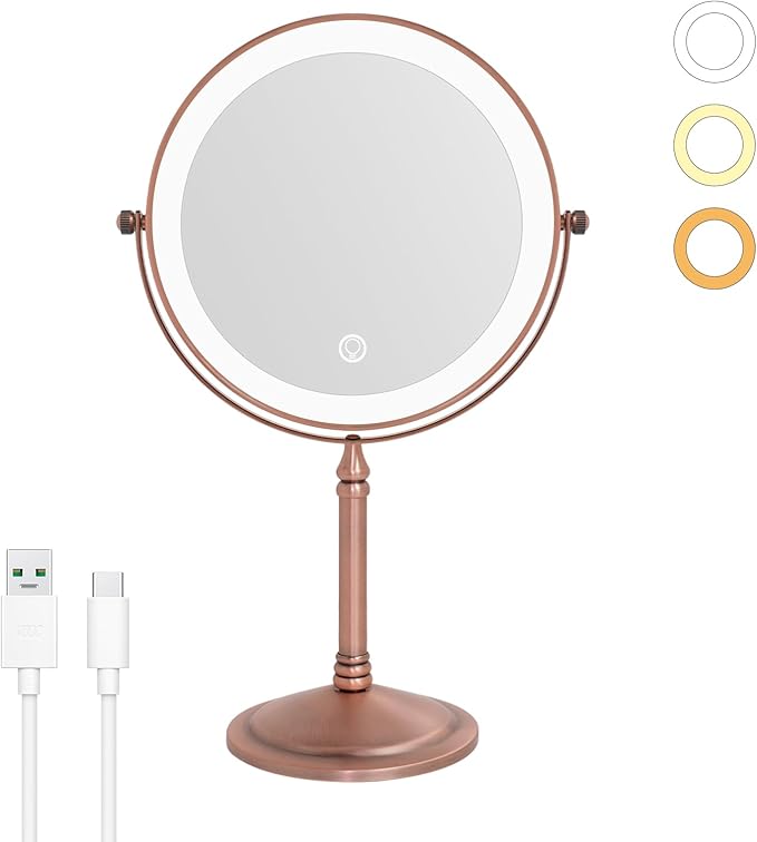 Nicesail Desk Mirror with Light 1X/10X Magnifying with 3 Color Dimmable Lights Desk Mirror, Cordless 360 Rotation 4000mAh Rechargeable, Double Sided Mirror for Desk, 8 Inch Standing Brushed Rose Gold