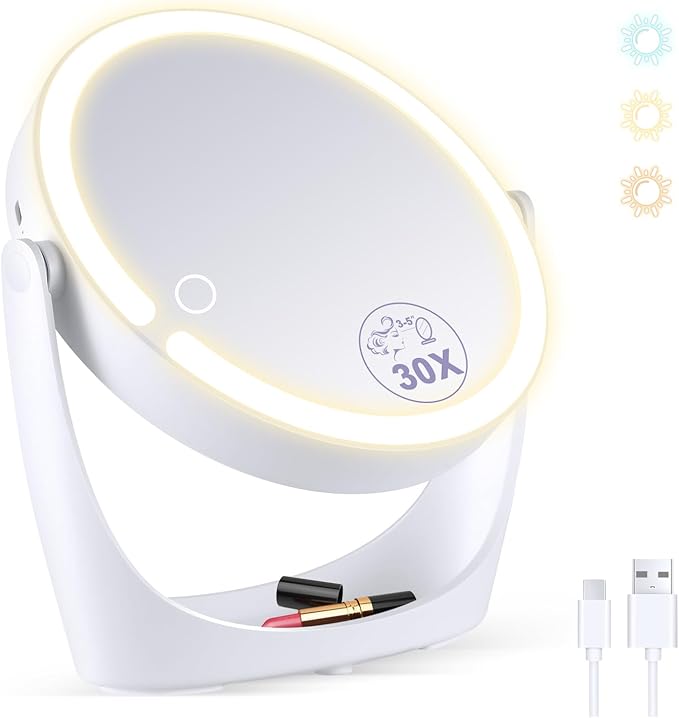 30X/1X Magnifying Mirror with Light, Makeup Mirror with Lights, Double Sided Magnifying Mirrors with Magnification, Portable Lighted Desk Mirrors with Storage, 3 Color Lights 360°Rotation