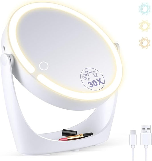 30X/1X Magnifying Mirror with Light, Makeup Mirror with Lights, Double Sided Magnifying Mirrors with Magnification, Portable Lighted Desk Mirrors with Storage, 3 Color Lights 360°Rotation