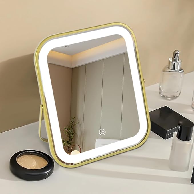 Gold Vanity Mirror with Lights,10"x8" Rechargeable LED Lighted Makeup Mirror, Large Makeup Mirror with Lights, Touch Screen with 3-Color Lighting, Dimmable, for Vanity Desk Tabletop, Bedroom