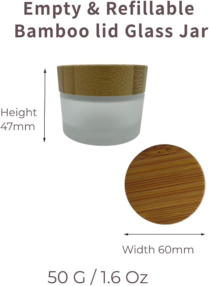 Empty Refillable Frosted Glass Cosmetic Cream Jar 4 Pack 1.6 OZ/50g with Bamboo Lids,Skin Care Travel Containers Pot for Clay Masks,Butter,Body Scrub,Lip Balm, Ointments, Lotion Frost