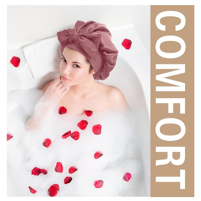 Silk Bonnet for Sleeping Women, Ajustable Hair Bonnet for Curly Hair with Tie Band Shower Caps Crimson，Large