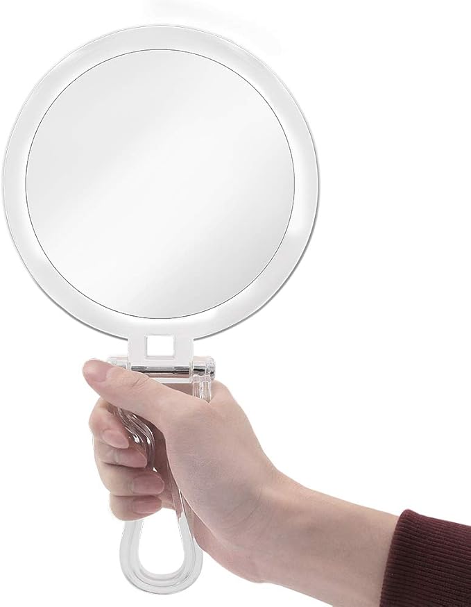 Double Sided Hand Held Mirror - 1X & 7X Magnifying Handheld Makeup Mirror with Adjustable Folding Handle, Portable, Transparent & Round (6")