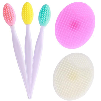 5 Pcs Mini Exfoliating Brush Set - 2 Pcs Silicone Facial Cleansing Brush and 3 Pcs Lip Scrub Brush