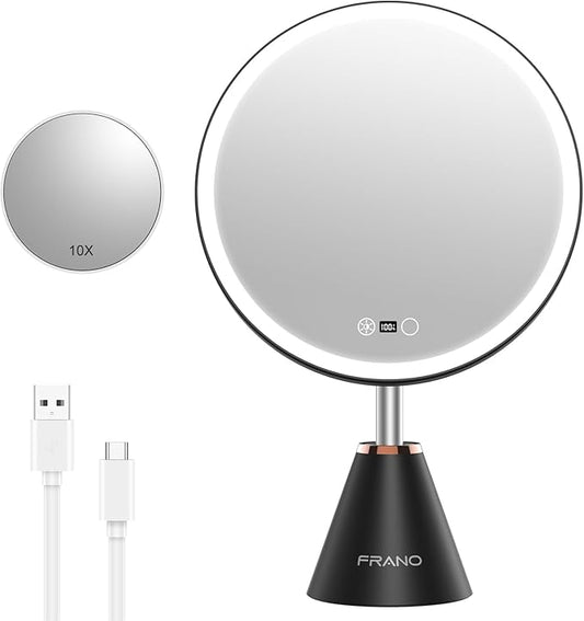 Vanity Mirror with Lights, Rechargeable Lighted Makeup Mirror with 10X/1X Magnification, LED Display for Desk, 3 Color Lights Touch Dimmable, 10.5" Round, Gifts for Women