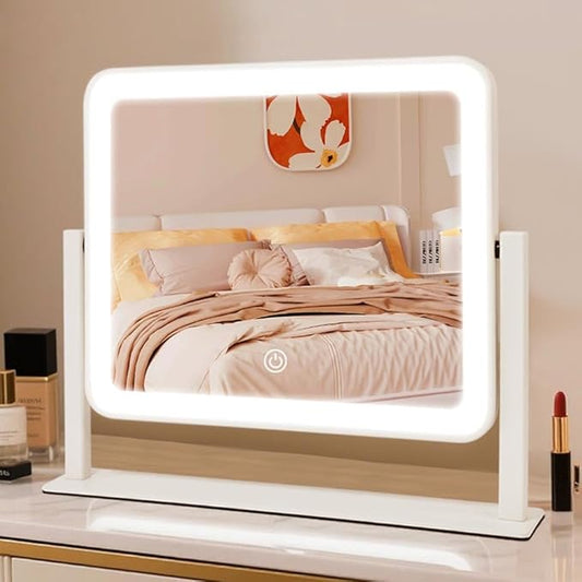 Rechargeable Vanity Mirror with Lights, 14"×12" LED Makeup Mirror, Smart Touch Control, 3 Color Lighting with Adjustable Brightness,Cosmetic Mirror for Bedroom, Vanity Desk, Beauty Routine