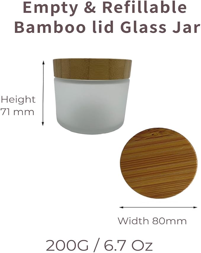 Empty Refillable Frosted Glass Cosmetic Cream Jar 4 Pack 6.7 OZ/200g with Bamboo Lids,Skin Care Travel Containers Pot for Clay Masks,Butter,Body Scrub,Lip Balm, Ointments, Lotion Frost