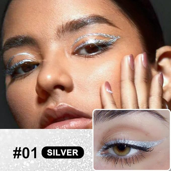 evpct 1Pcs Silver Glitter Liquid Eyeliner, Metallic Shimmer Light Silver Eyeliner Liquid Eye Liner Eyeshadow Pencil Face Body Glitter Makeup, Longwear Waterproof, Fake Eyelashes Mascara Accessories