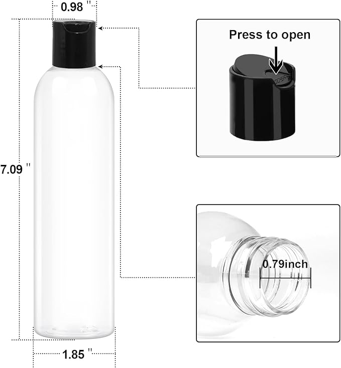 2 Pack 8 oz Plastic Squeeze Bottles with Black Disc Caps Refillable Clear Empty Containers Travel Bottles for Toiletries Conditioner Shampoo Lotions Gels