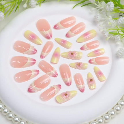 Press on Nails Almond Medium Yellow Pink Fake Nails with 3D Flower Gradient Designs French Tip Nails Press ons Acrylic Nail Glossy Glue on Nail Almond Stick on Nail for Women 24 Pcs