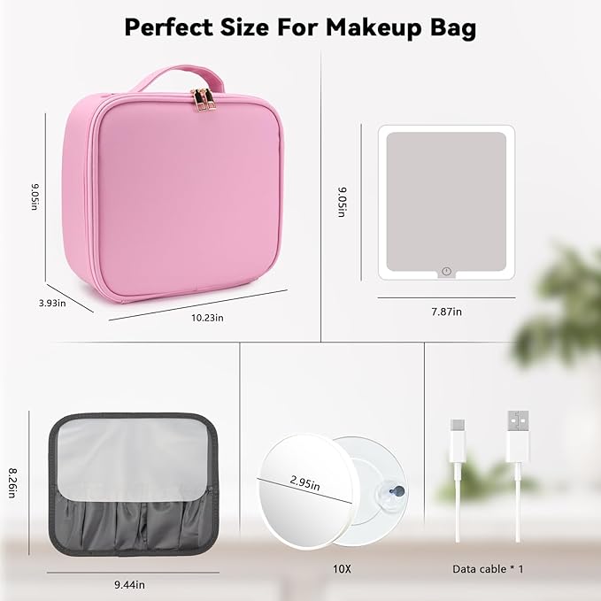 Travel Makeup Bag with LED Mirror and 10x magnifying glass with 3 Lighted Settings, Adjustable Dividers and Makeup Brush Storage Bag Dark Pink