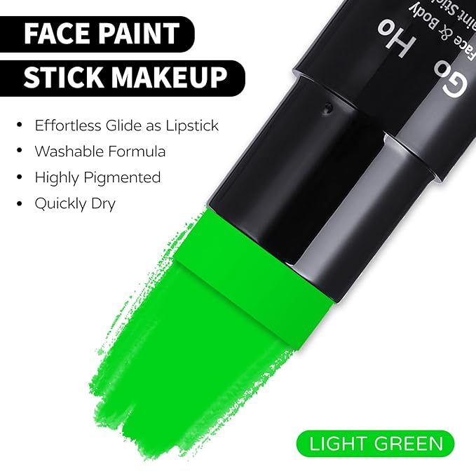 Go Ho Light Green Face Body Paint Stick,Water Based Washable Green Face Paint Stick,Non-toxic Full-coverage Cream Body Paint for Halloween Cosplay SFX Makeup,St Patricks Day Accessories