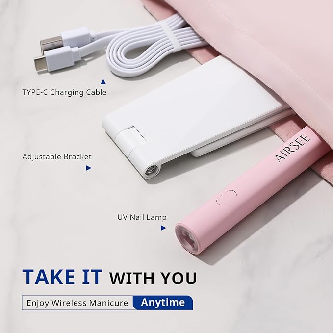 AIRSEE Mini Handheld UV Light for Gel Nails with Stand,Portable Rechargeable Nail Lamps,2 Timers for Fast Nail Extension,Rhinestone Glue Decoration,Gel Nail Strips at Home,Travel(Pink)