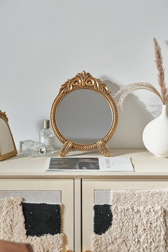 Small Round Gold Vintage Vanity Mirror – 9.5" x 12.5" Small Baroque Desktop Mirror, Antique Freestanding Dressing Table Mirror for Bedroom, Living Room, and Countertop Décor