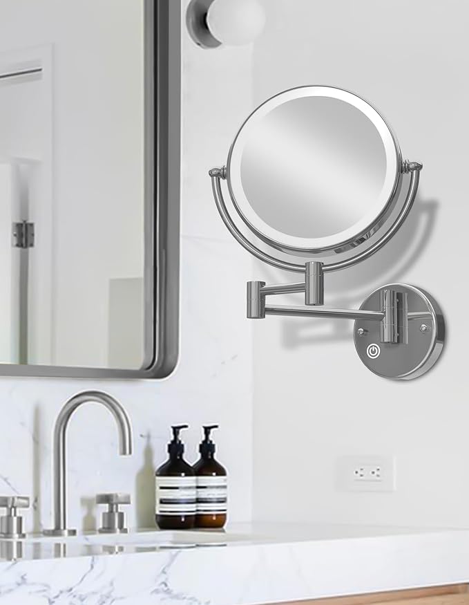 Wall Mounted Lighted Makeup Mirror with Magnification 5X, Rechargeable Magnifying Shaving Cosmetic Mirror with Extendable Swing Arm for Bathroom, Touch Stepless Dimming, Chrome