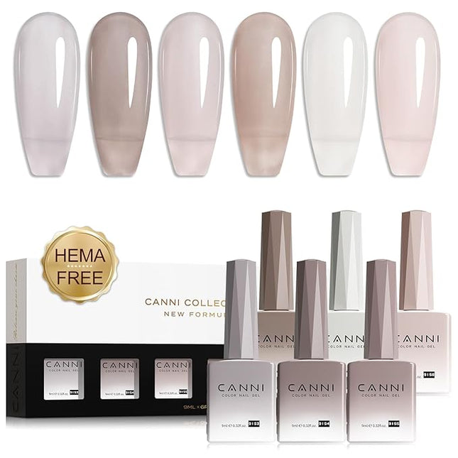 CANNI Jelly Gel Nail Polish Set – 6 Colors (Milky White, Nude, Grey), 9ML Sheer Translucent Neutral Gel Polish, Soak Off UV LED, High Gloss Salon Manicure for Women