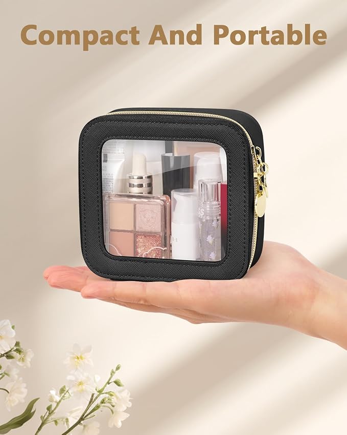 Clear Makeup Bag, Portable Travel Cosmetic Bags, Multipurpose Leather Toiletry Bag with Zipper, Waterproof Transparent Cosmetic Organizer for Women, Mini, Black
