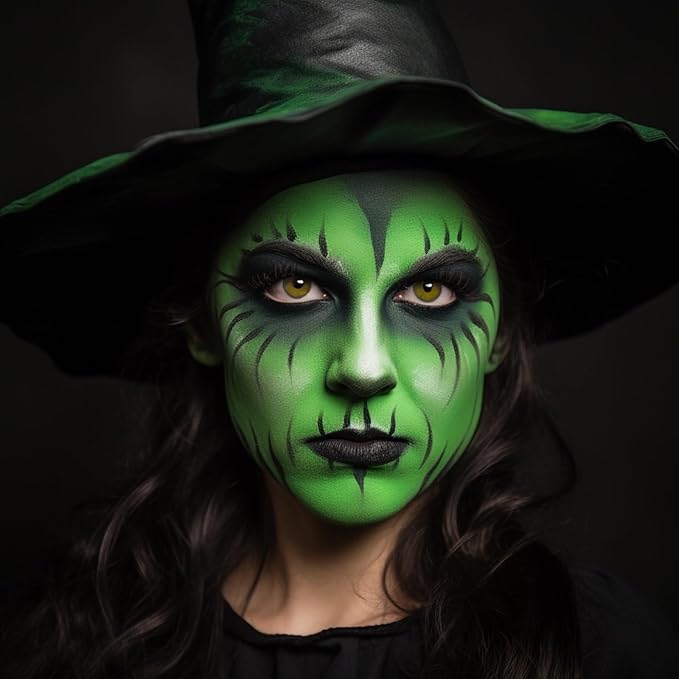 Green Face Paint with Fake Nose Witch Makeup Kit Halloween Character Set for Kids Adults, Safe Non-Toxic Cream Face Painting Kit for Stage, Costume Party, Dress Up Cosplay & Special FX Make-Up