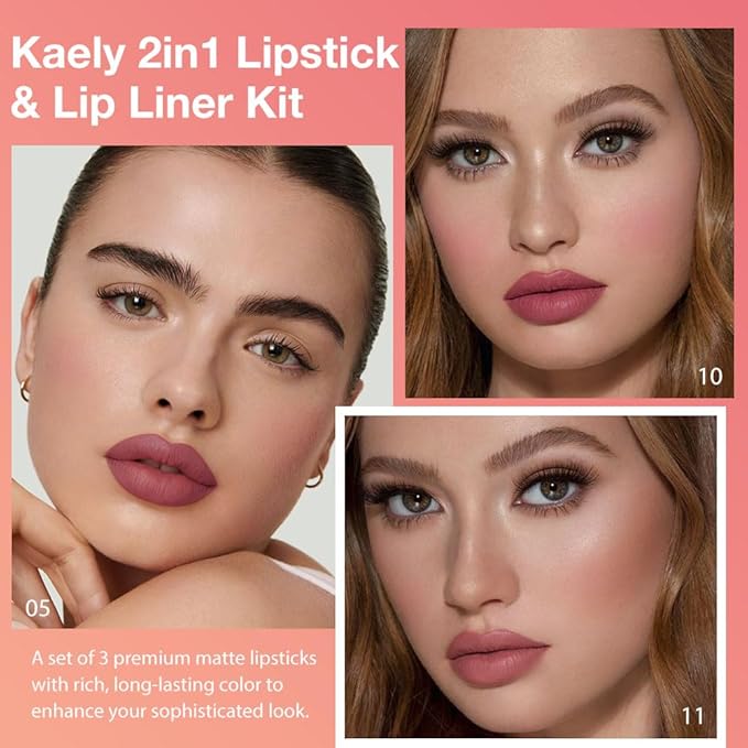 Kaely 3Pcs Gradient Matte Lipstick Lip Liner Pencil Set for Women, 2in1 Flawless Contour Gradual Ombre Effect Lip Pencil Makeup Waterproof, labiales mate 24 horas originales, 05+10+11