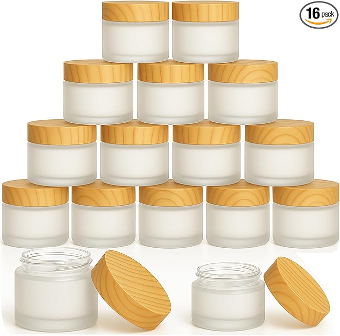 16Pcs 1oz & 1.7oz Glass Cosmetic Containers with Wood Grain Lids – Refillable Frosted Glass Jars, Leakproof Cream Containers for Travel, Body Scrub, Lotion, Lip Scrub, DIY Skincare（50ml/30ml）