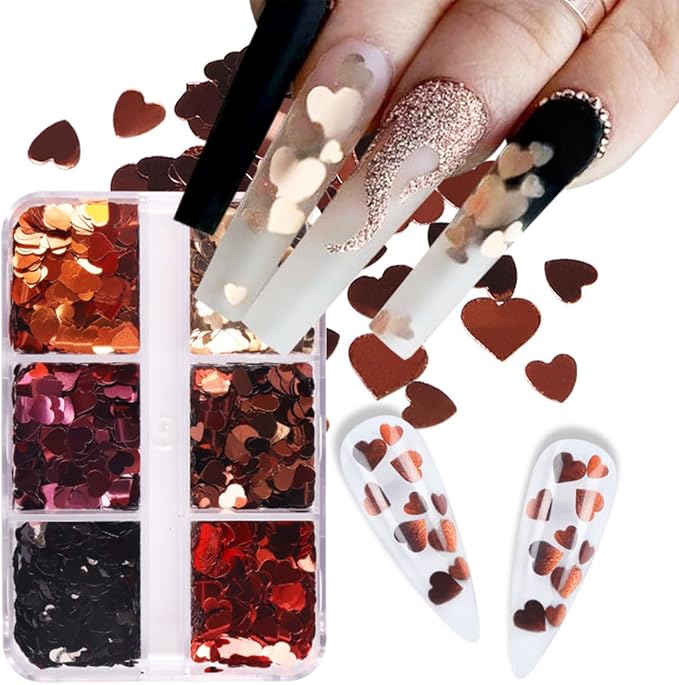 3D Heart Nail Art Glitter Sequins Laser Holographic Nail Glitter Flakes Sparkly Valentine's Nail Supplies Colorful Hearts Nail Sequins Accessories for Women Acrylic Nail Decoration Tips 6Grids