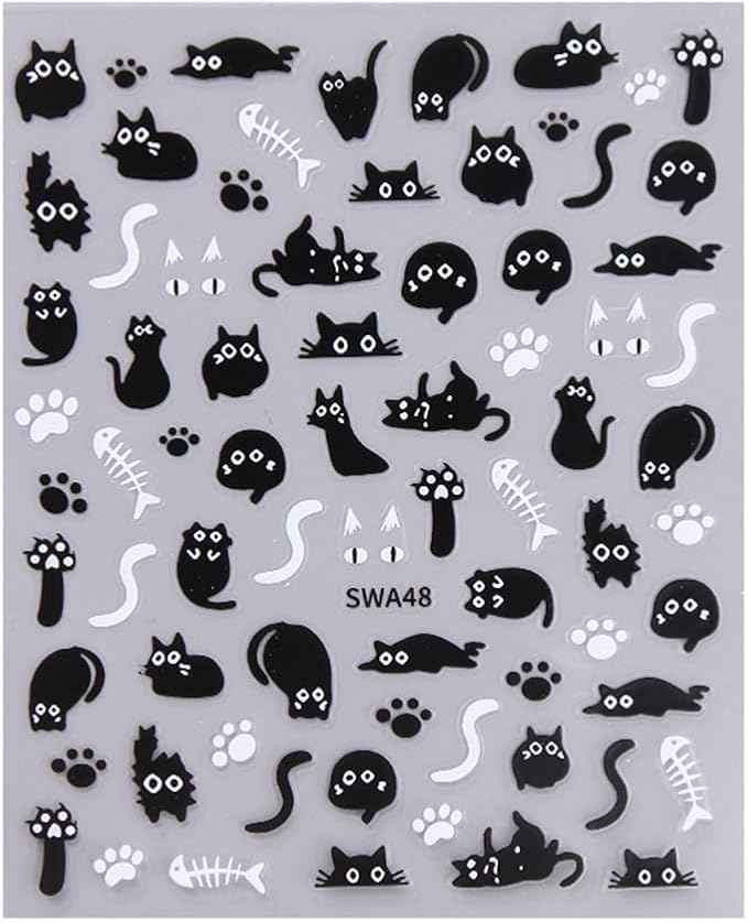 Cat Nail Sticker Black Animal Nail Decals 4Pcs Self-Adhesive 3D Cute Stickers Kawaii Cartoon Animal Self-Adhesive Nail Decals Black Nail Stickers for Nail Art Supplies for Women Nail Art Decorations