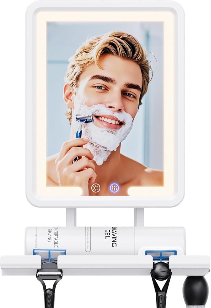 Heated Shower Mirror Fogless for Shaving 2025 New, 3 Colors Stepless Dimmable Lights Anti Fog Shower Mirror, Fog Free Mirror for Shaving with Razor Holder for Men, NO-Drilling, Removable - White