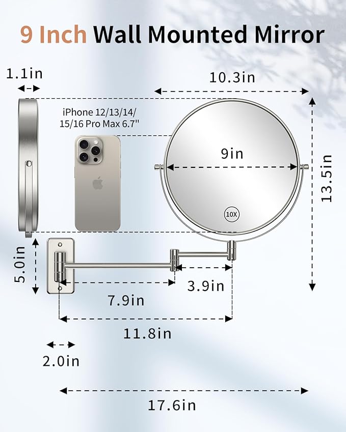 Benbilry 9" Large Size Wall Mounted Makeup Vanity Mirror, 1X/10X Magnifying Double Sided Shaving Mirror for Bathroom, 360° Swivel Extendable Arm, Nickel Finish