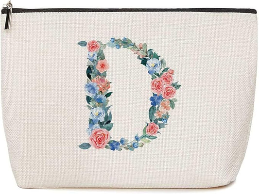 Initial Makeup Bag Monogrammed Travel Toiletry Bag Monogram Cosmetic Bag Birthday Christmas Bridal Shower Bridesmaid Gifts Personalized Gifts for Women Bride Teacher Daughter, Floral Letter D