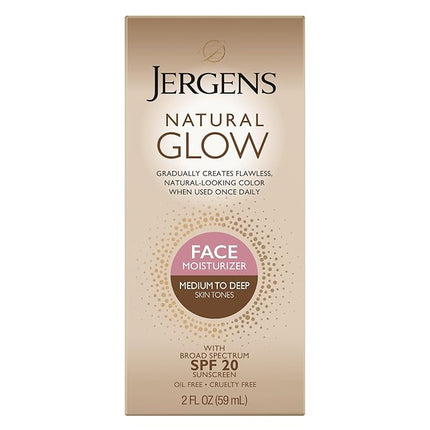 Jergens Natural Glow Self Tanner Face Moisturizer with SPF 20 Facial Sunscreen, Medium to Deep Skin Tone, Sunless Tanning, Oil Free, Broad Spectrum Protection UVA and UVB, 2 oz (Packaging May Vary)