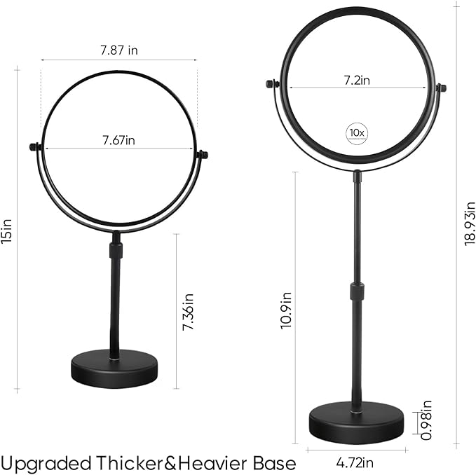 Nicesail 19 Inch Tall Makeup Mirror with 10X Magnification, 8 Inch Magnifying Mirror Tabletop with Pedestal, Height Adjustable Black (8 Inch, 10X)