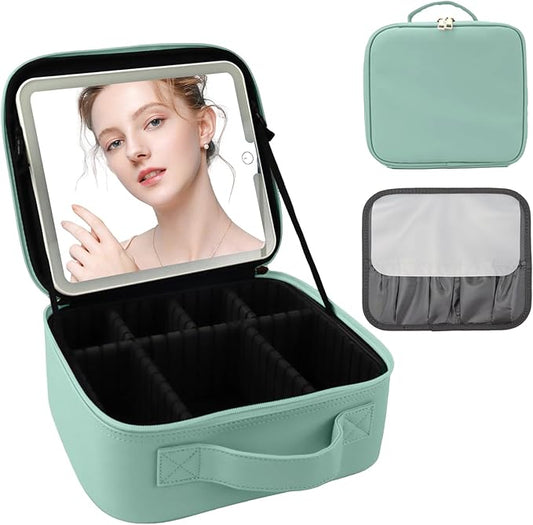 Travel Makeup Bag with LED Mirror and Light Makeup Travel Bag Organizer Portable Cosmetic Brush Organizer Bag with Adjustable Dividers for Cosmetics Makeup Brushes Toiletry (Light Green)