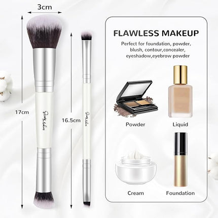 START MAKERS 2-in-1 Makeup Brushes Dual-ended Contouring Foundation Brush 2 Pack Concealer Brush Face Eyebrow Eyeshadow Brush for Liquid, Powder, Buffing, Blending (White)