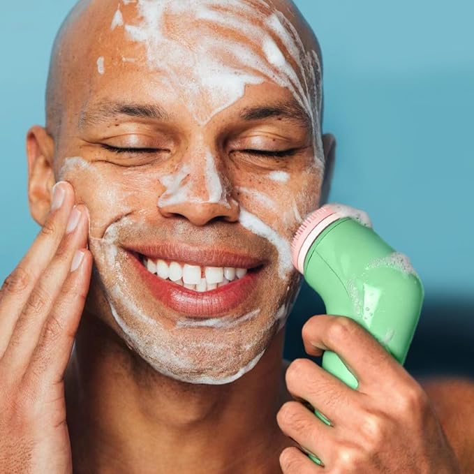 Fancii Facial Cleansing Brush with Self Cleaning Station, Rechargeable & Waterproof - Electric Face Scrubber for Gentle Exfoliation and Deep Scrubbing - 2 Exfoliating Brush Heads, Skylar (Green)