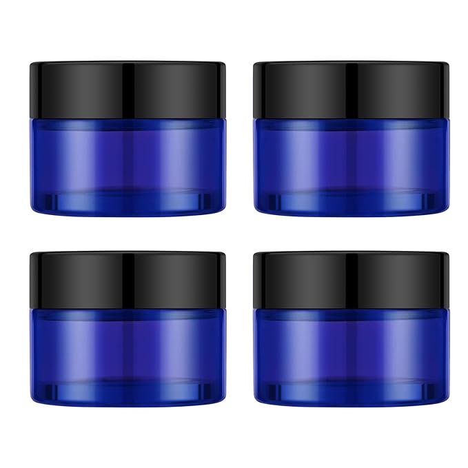 4 Pack 1oz Cosmetic Glass Jars with Lids, Blue Glass Jars with Lids & Stickers, Reusable Empty Round makeup container for Creams, Lotion, Makeup