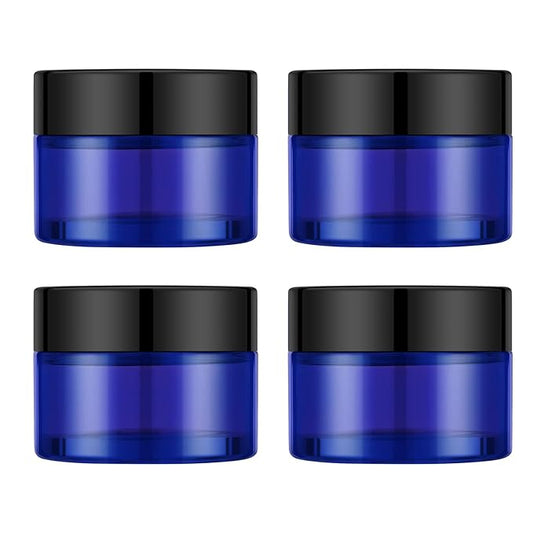 4 Pack 1oz Cosmetic Glass Jars with Lids, Blue Glass Jars with Lids & Stickers, Reusable Empty Round makeup container for Creams, Lotion, Makeup