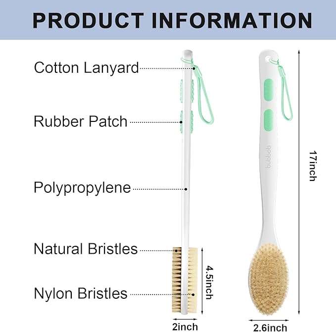 Back Scrubber, Back Scrubber for Shower, Bath Brush Long Handle for Shower with Double Sided Bristles for Wet or Dry Brushing (Green)